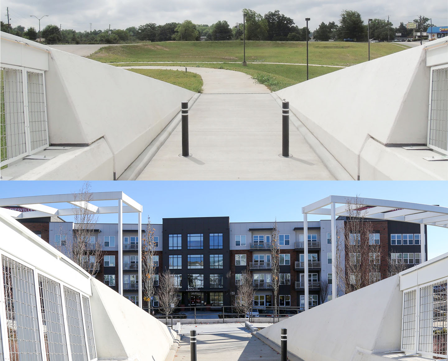 Top: The pedestrian bridge prior to development | Bottom: The pedestrian bridge after RSVP, which includes the Solis mixed-use development.