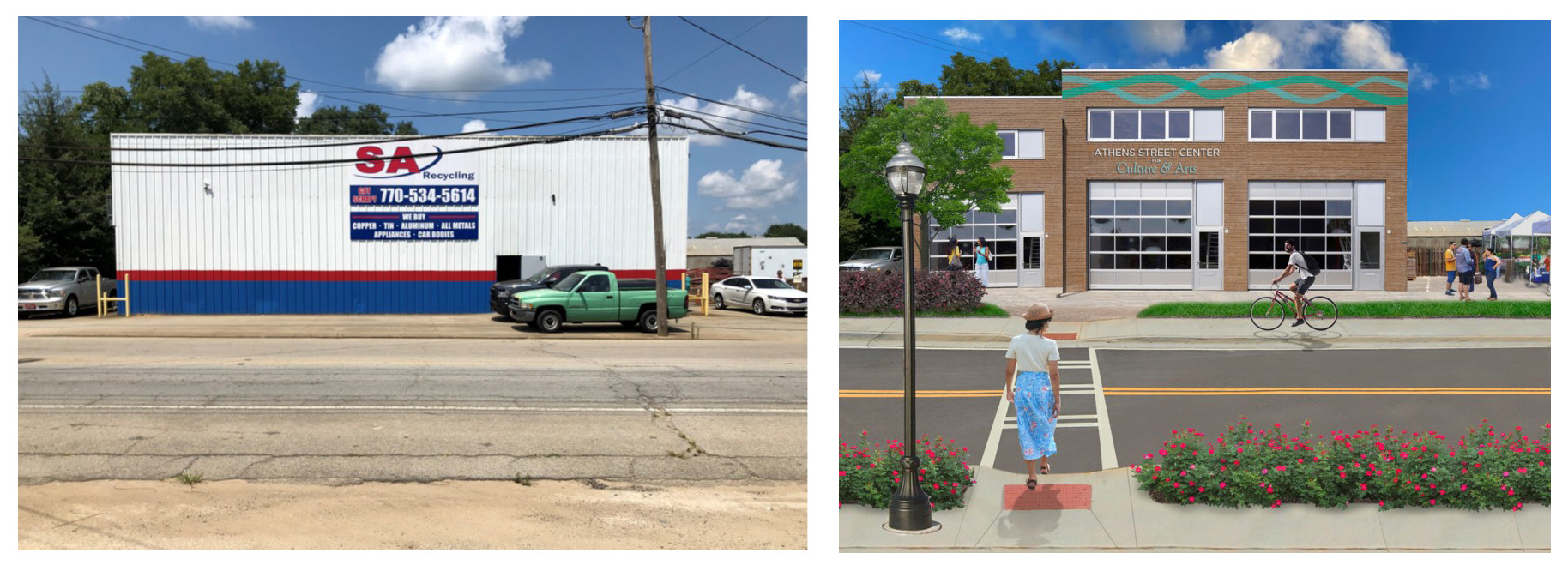 pictures that show the transformation of Athens Street in Gainesville. On the left is the current building and on the right is a drawing of how it could look, including building sidewalks and crosswalks.
