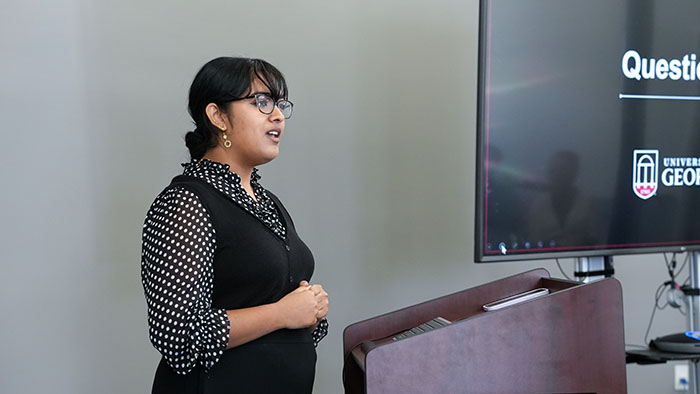 Meera Srinivasan, a second-year political science major, focused on evaluating survey methods for hard-to-reach populations guided by faculty mentor Brian Simmons in the Survey Research and Evaluation Support unit. 