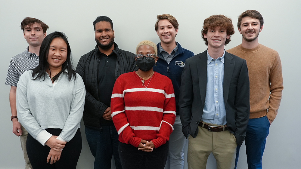 Seven University of Georgia undergrads have been selected as Georgia Legislative interns for the 2024 spring semester. Front row, L-R: Shania Nguyen-Tu, Yannceley Armand, Jackson Cliett. Back row, L-R: Benjamin Bailey, Emanuel Hernaiz, Christian Dent, Hendley Jones. (Photo by Sara Ingram, UGA)