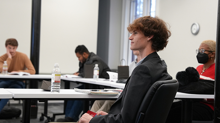 Jackson Cliett, a student at the University of Georgia, listens during an orientation for 2024 Georgia Legislative interns. Cliett is among seven University of Georgia undergrads selected as GLIP interns for the 2024 spring semester. (Photo by Sara Ingram, UGA)