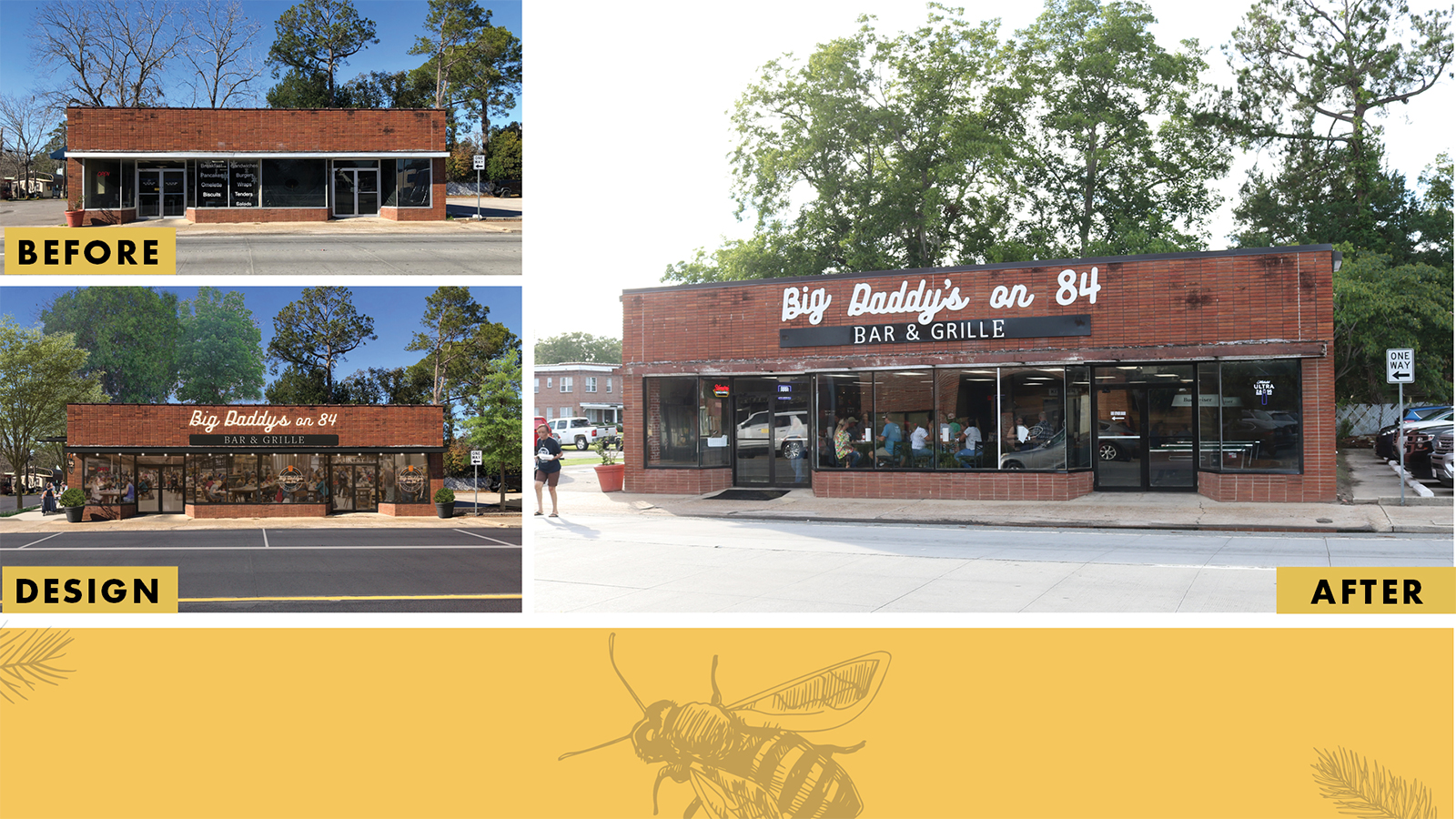 picture of building before renovation, the design concept, and the after building