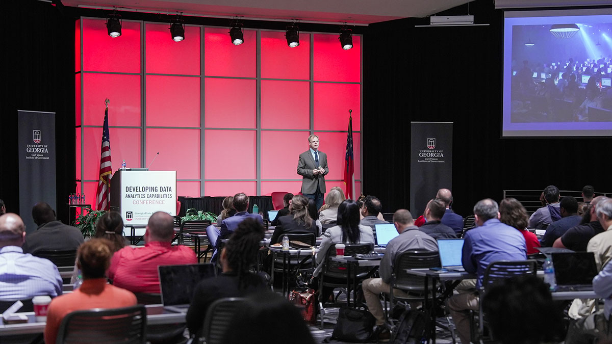 UGA Vice President for Information Technology and University System of Georgia Vice Chancellor for IT Timothy Chester presents the conference’s opening keynote address.