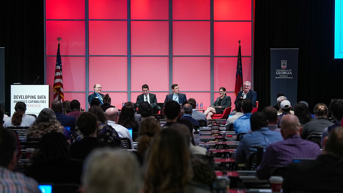 A plenary panel discussion moderated by the UGA Institute of Government’s David Tanner (left) featured Taka Ariga, U.S. Government Accountability Office; Jacob Kamer, Tennessee Higher Education Commission; Angela Bell, University System of Georgia; and Rich Loftus, University System of Georgia.