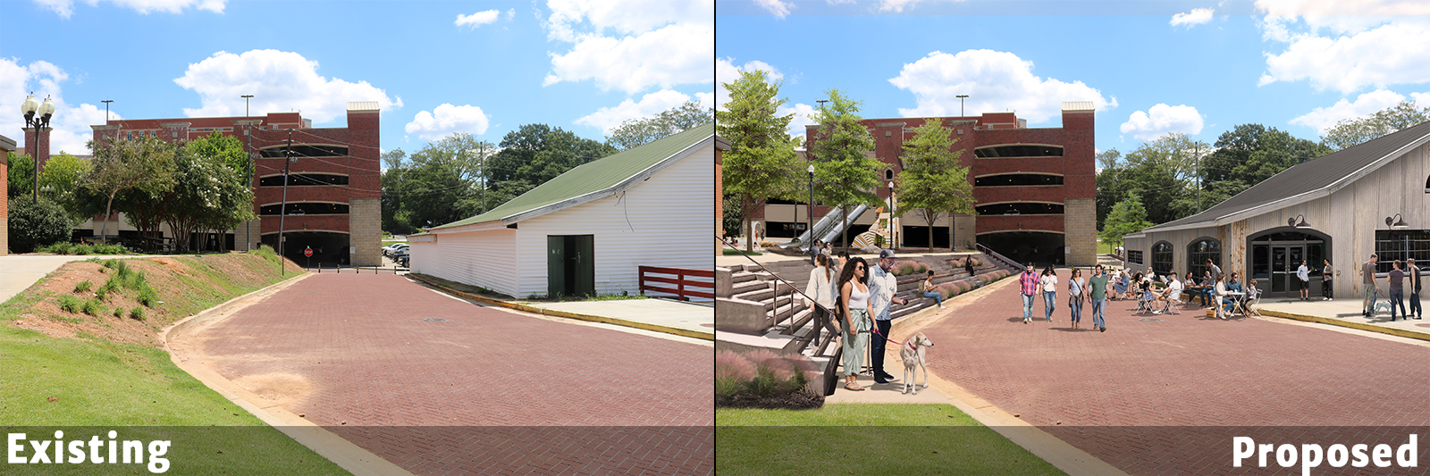 An existing picture of the park area at the Amp in Carrollton beside a proposed picture of what the park area at the Amp could look like.