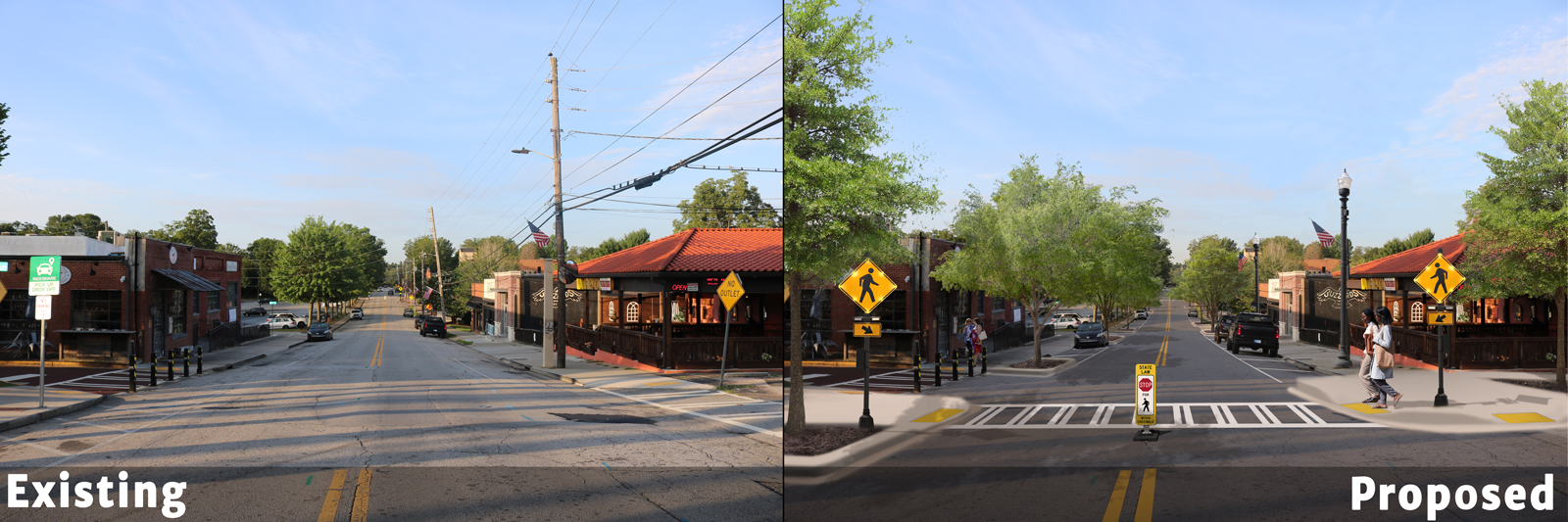 The plan proposes updating streetscapes and improving pedestrian safety throughout downtown Carrollton, such as the corner of Bradley Street and Presbyterian Avenue as shown with a mid-block crosswalk, illuminated signal and landscaped bump-outs.