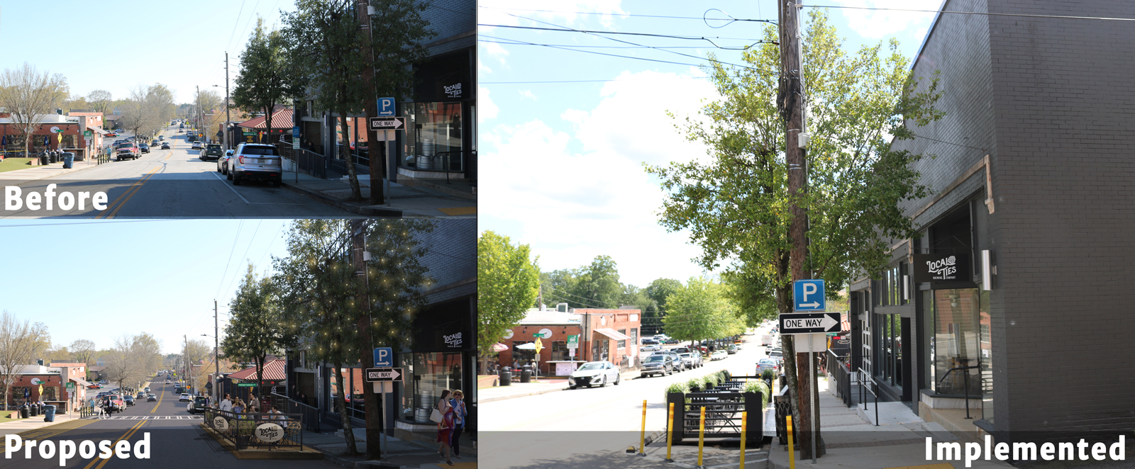 A picture of the "before" parklet area above a picture of the proposed picture of the parklet area. On the right is a picture of the implemented parklet.