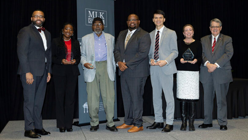 Shown, from left, are Vice Provost for Inclusive Excellence and Chief of Staff to the Provost Alton Standifer, Fulfilling the Dream Award recipients Ryana Carter and Harold Rittenberry, keynote speaker Thomas C. Settles III, Fulfilling the Dream Award recipient Jeremy Daniel, Dawn D. Bennett-Alexander Inclusive Community Award recipient Candice Hollenbeck and UGA President Jere W. Morehead. (Photo by Andrew Davis Tucker/UGA)