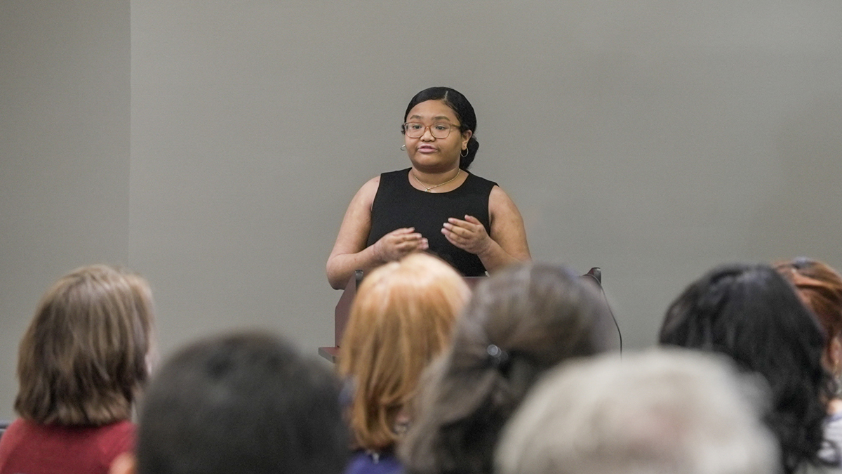 UGA student and Vinson Fellow Nissa Dotson answers a question about her presentation on civil justice and eviction diversion at the UGA Institute of Government. (Photo by Sara Ingram)