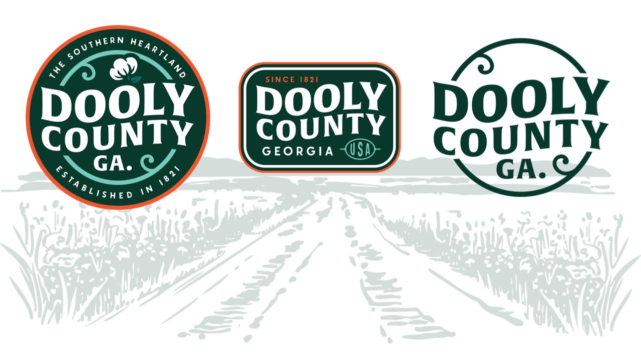  Versions of the Dooly County logo include a formal seal logo (left), a simplified patch version (center) and a modernized logo for tourism (right).