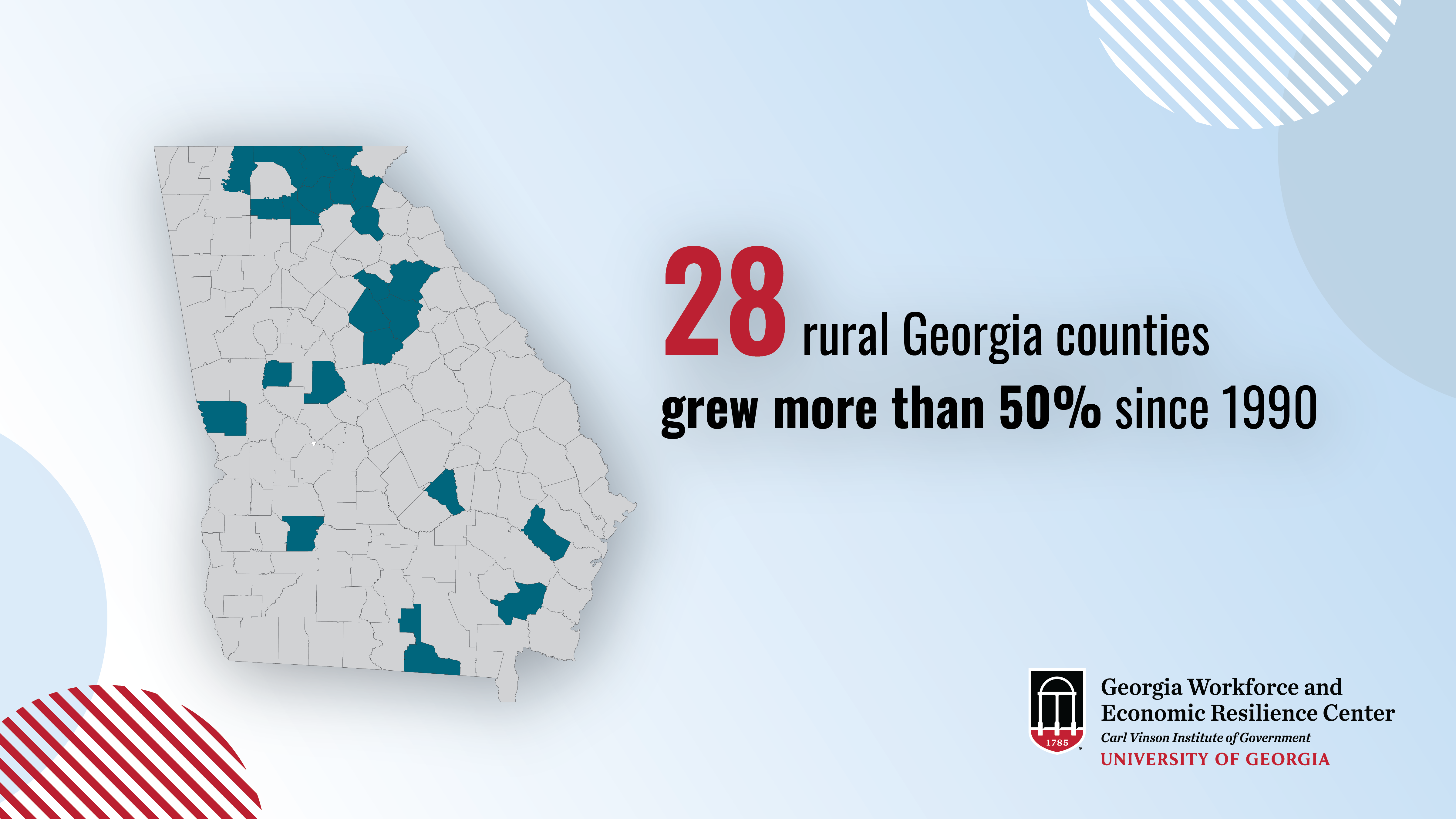 Graphic used for Workforce Wednesday containing a map of Georgia with 28 counties highlighted, representing the rural Georgia counties that have grown more than 50% since 1990