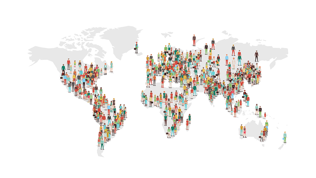 map of world with people standing on map 