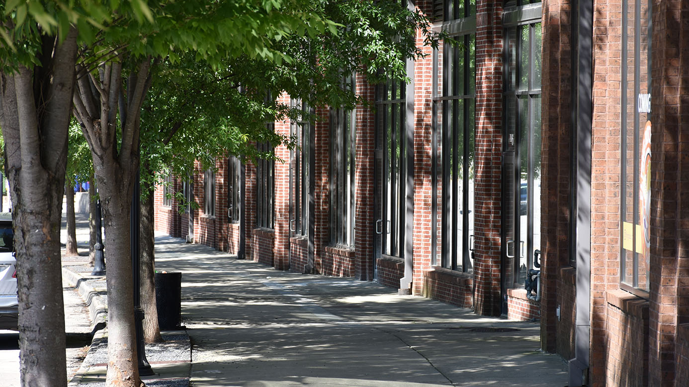 A sidewalk lined with trees on one side and brick buildings on the other